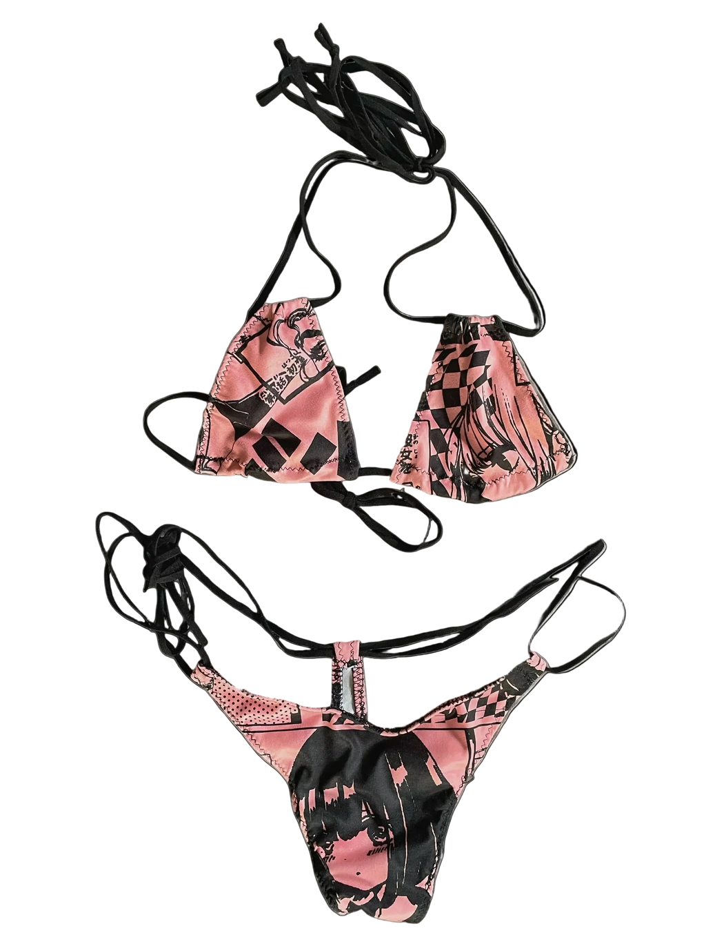 Pink and black anime patterned bikini set on a white background