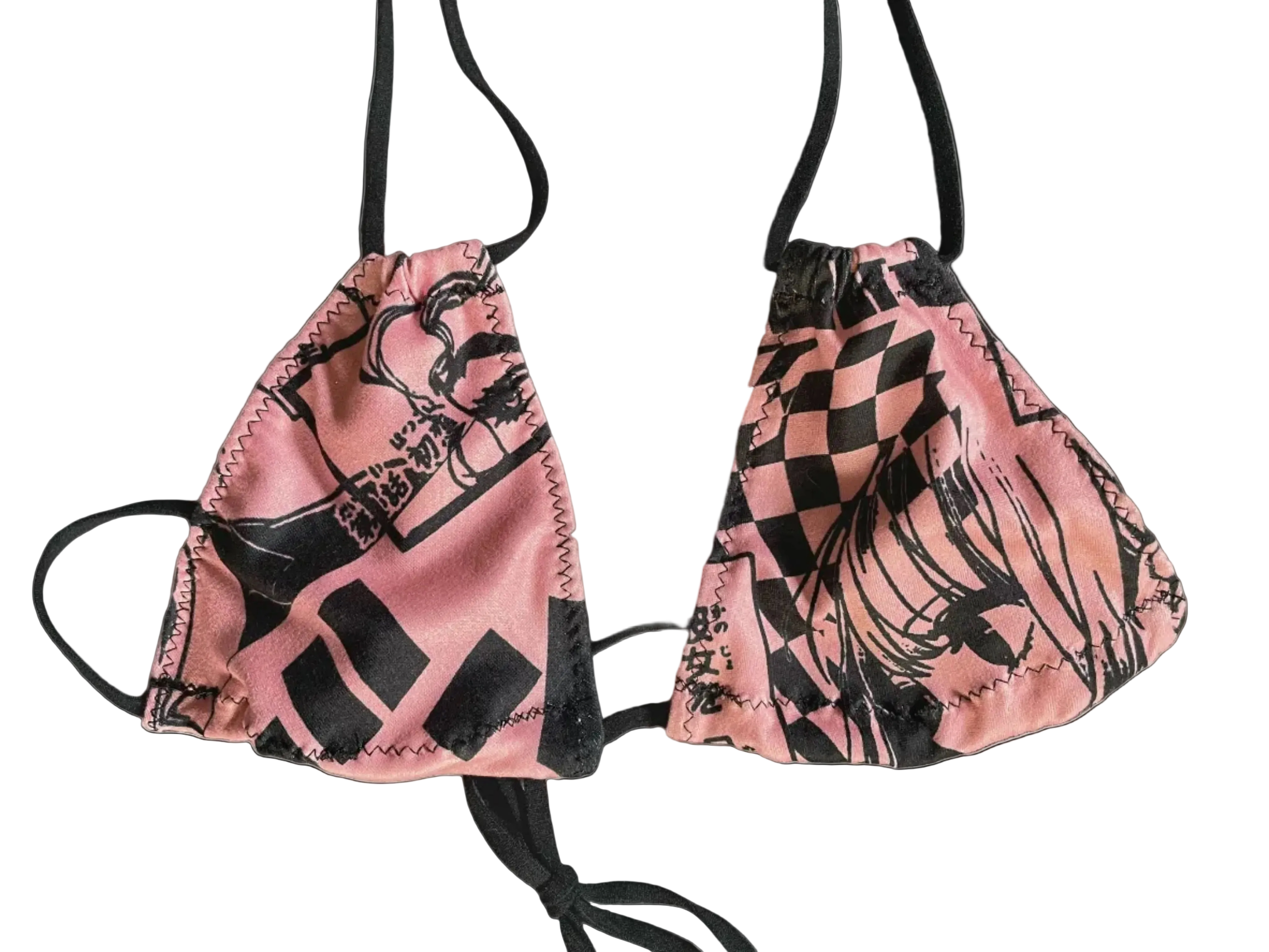 pink and black anime patterned micro bikini top with thin black strings