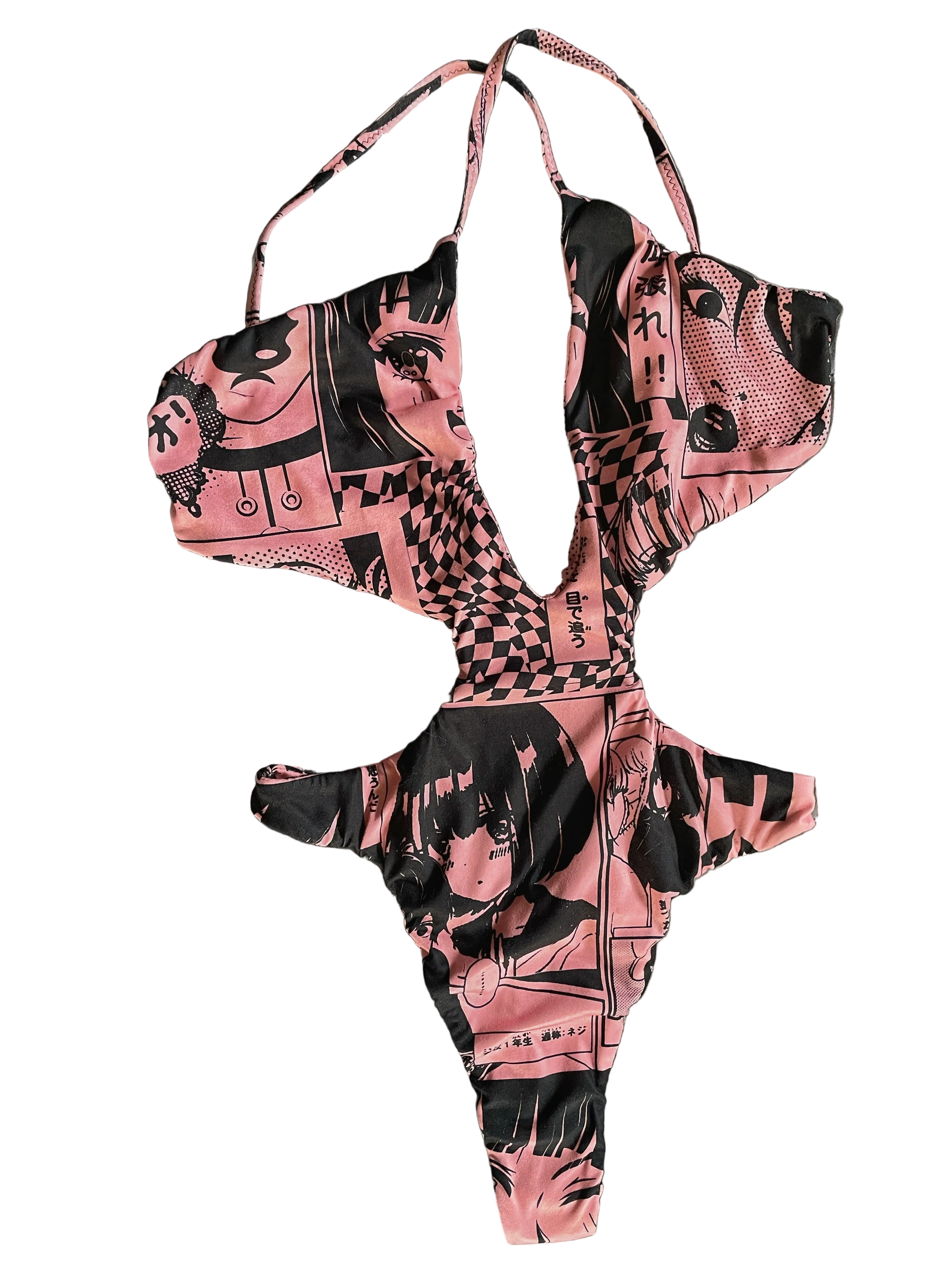 Front of pink and black anime patterned bodysuit on a white background