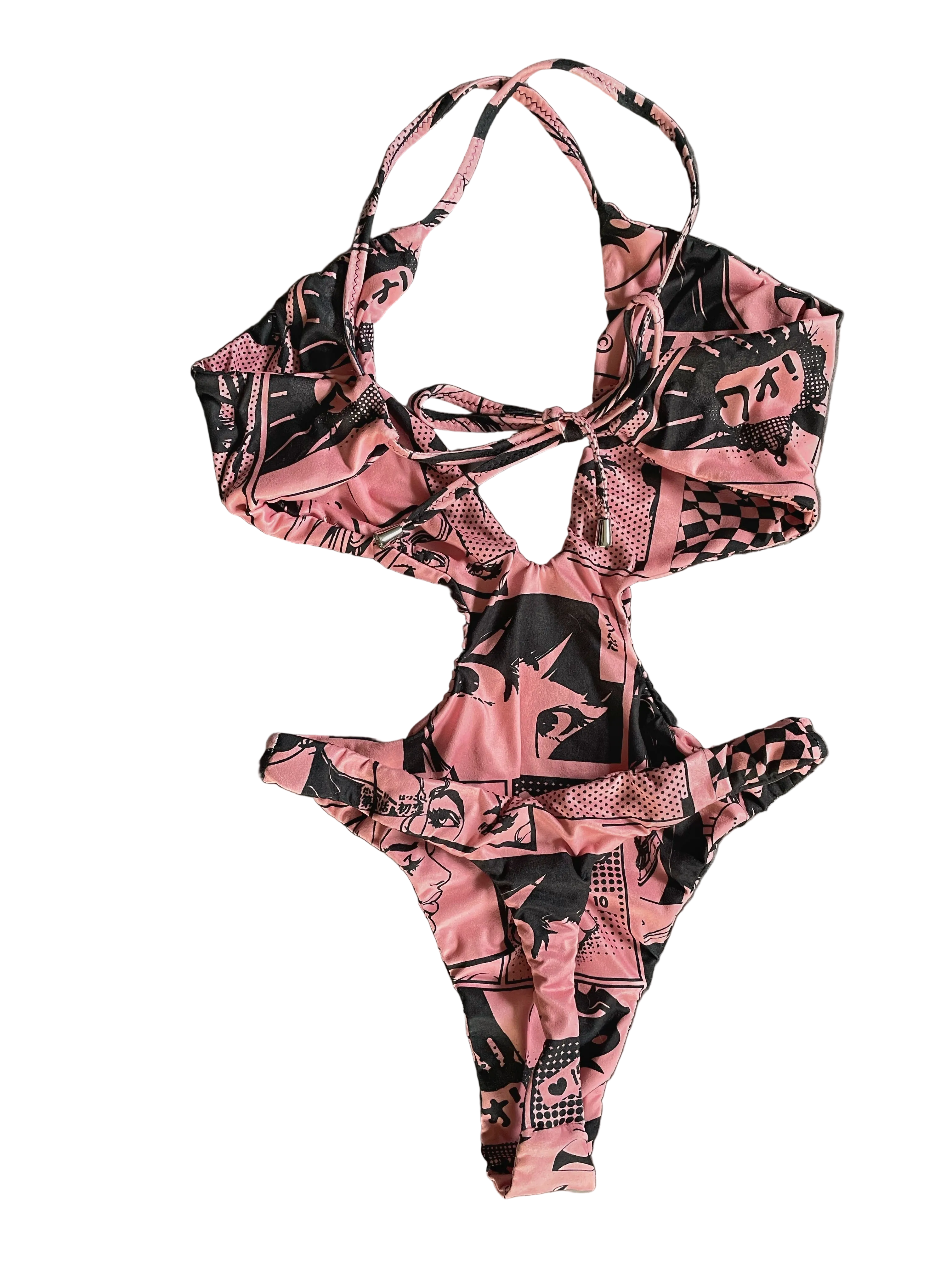 Back of pink and black anime patterned bodysuit with thong coverage on a white background