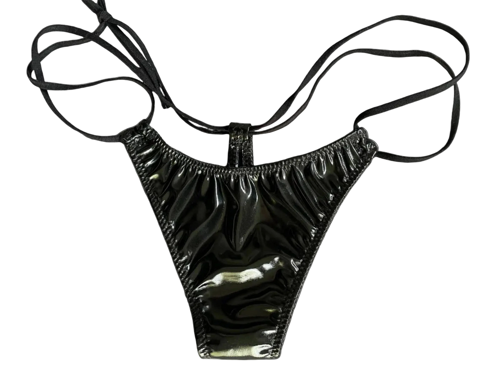 Black wet look bikini thong bottom with thin straps on a white background