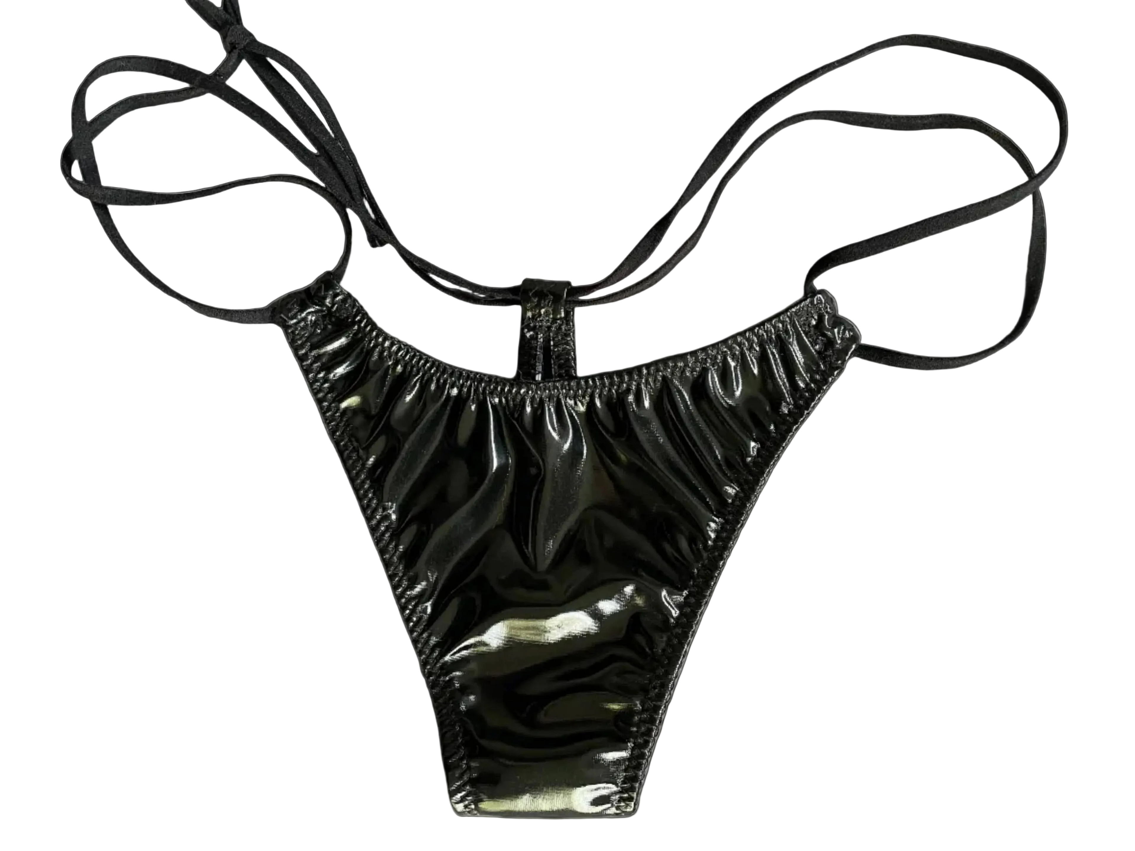 Black wet look bikini thong bottom with thin straps on a white background