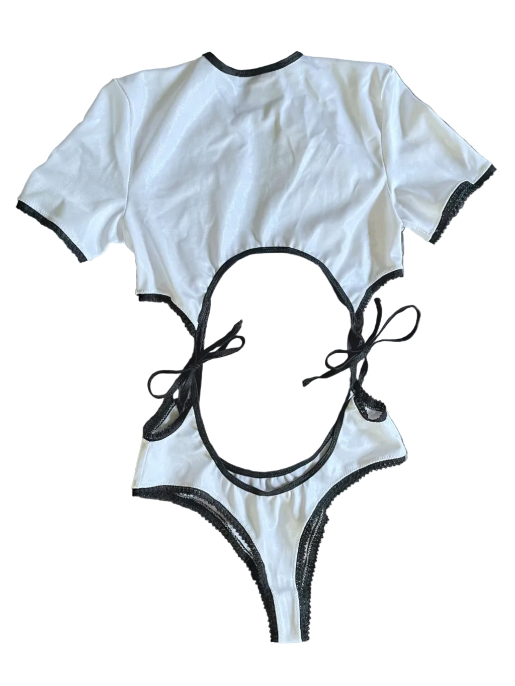 White two piece set with black trim on a white background