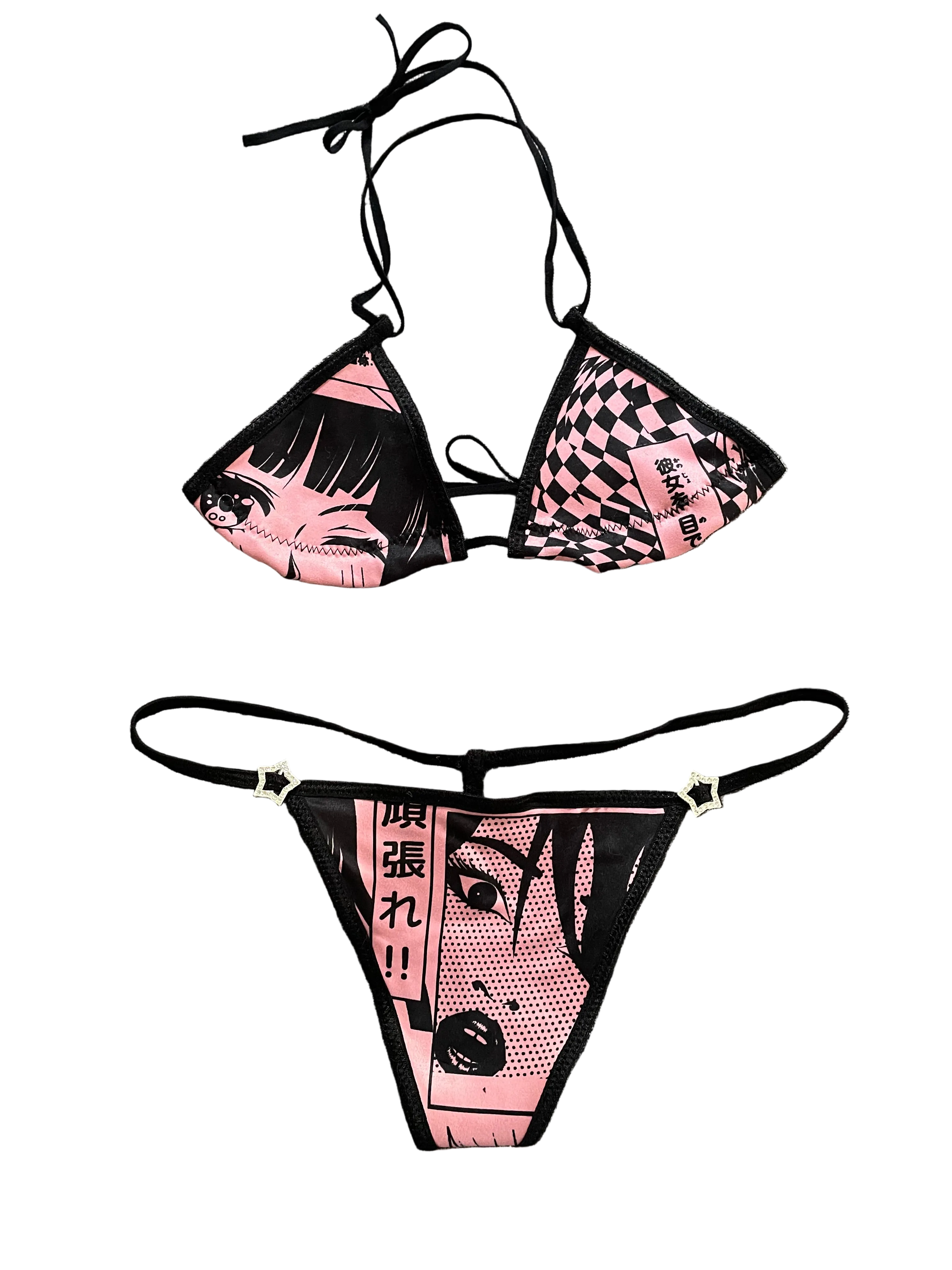 Pink and Black anime cartoon graphic bikini with rhinestone star accents