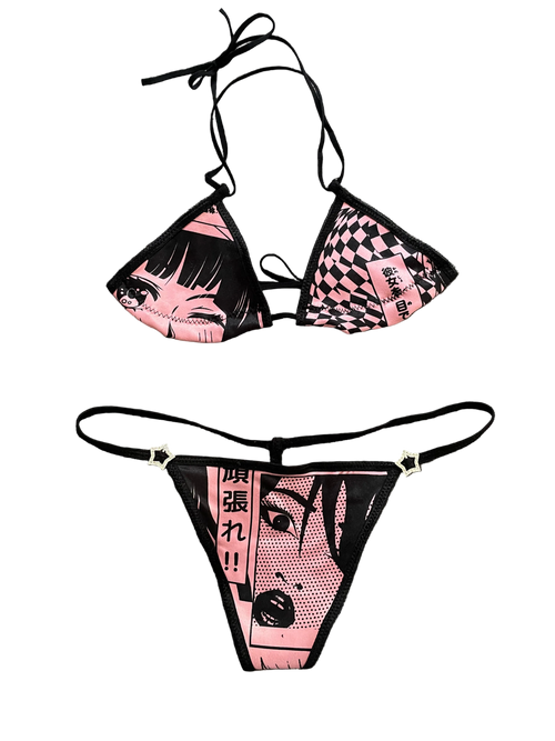 Pink and Black anime cartoon graphic bikini with rhinestone star accents