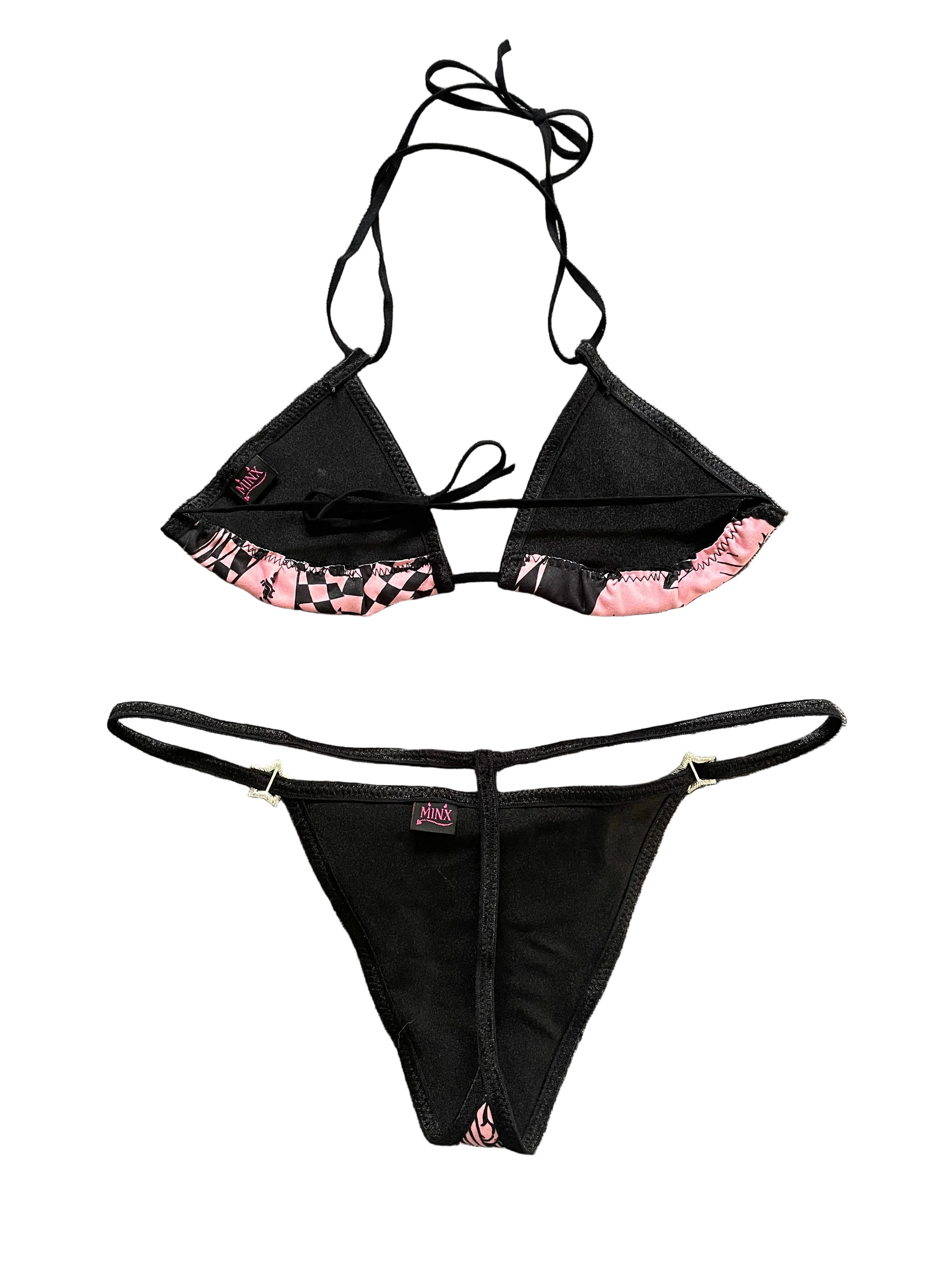 Backside of pink with black graphics thong bikini