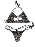 Front of bikini with black ties and black and grey cheetah print fabric