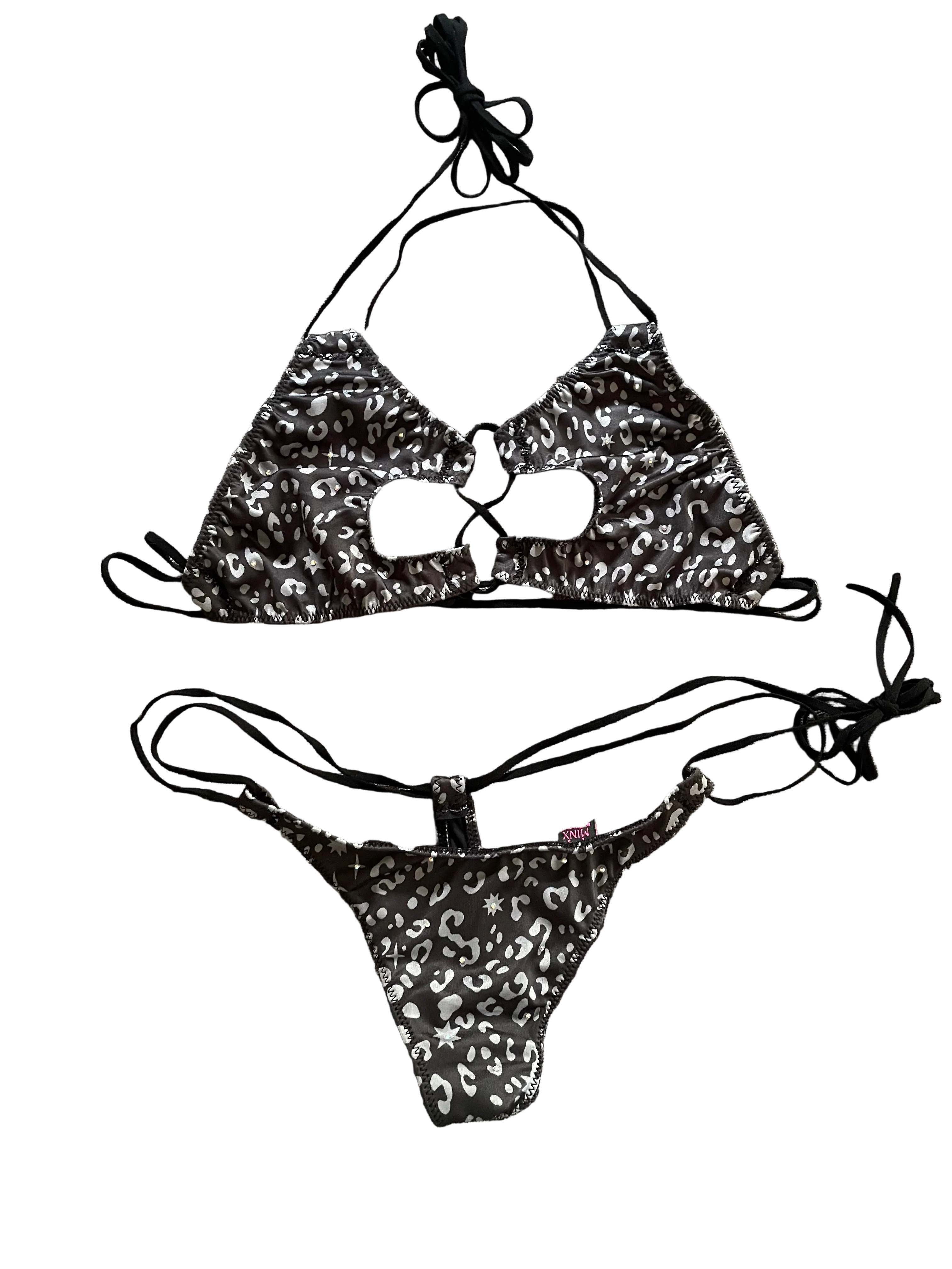 Front of bikini with black ties and black and grey cheetah print fabric