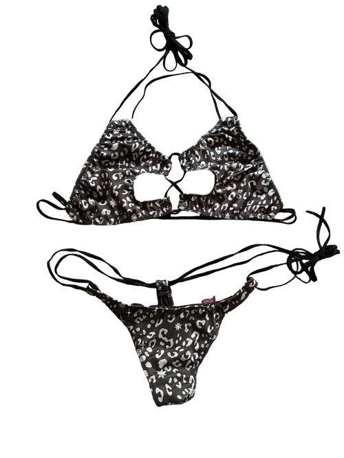Front of bikini with black ties and black and grey cheetah print fabric