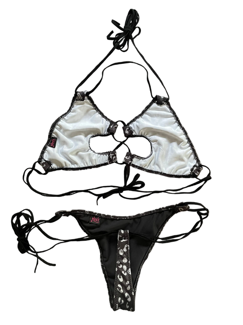 Backside of black and grey cheetah print bikini with thong bottoms