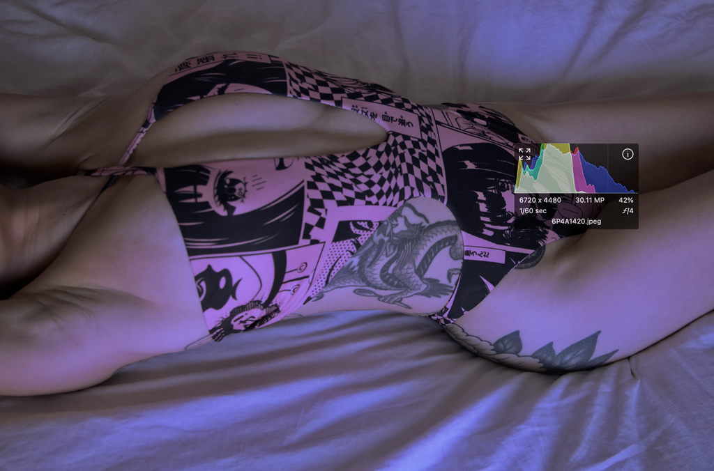 Woman in pink and black anime patterned bodysuit on a white blanket with a digital display overlay.
