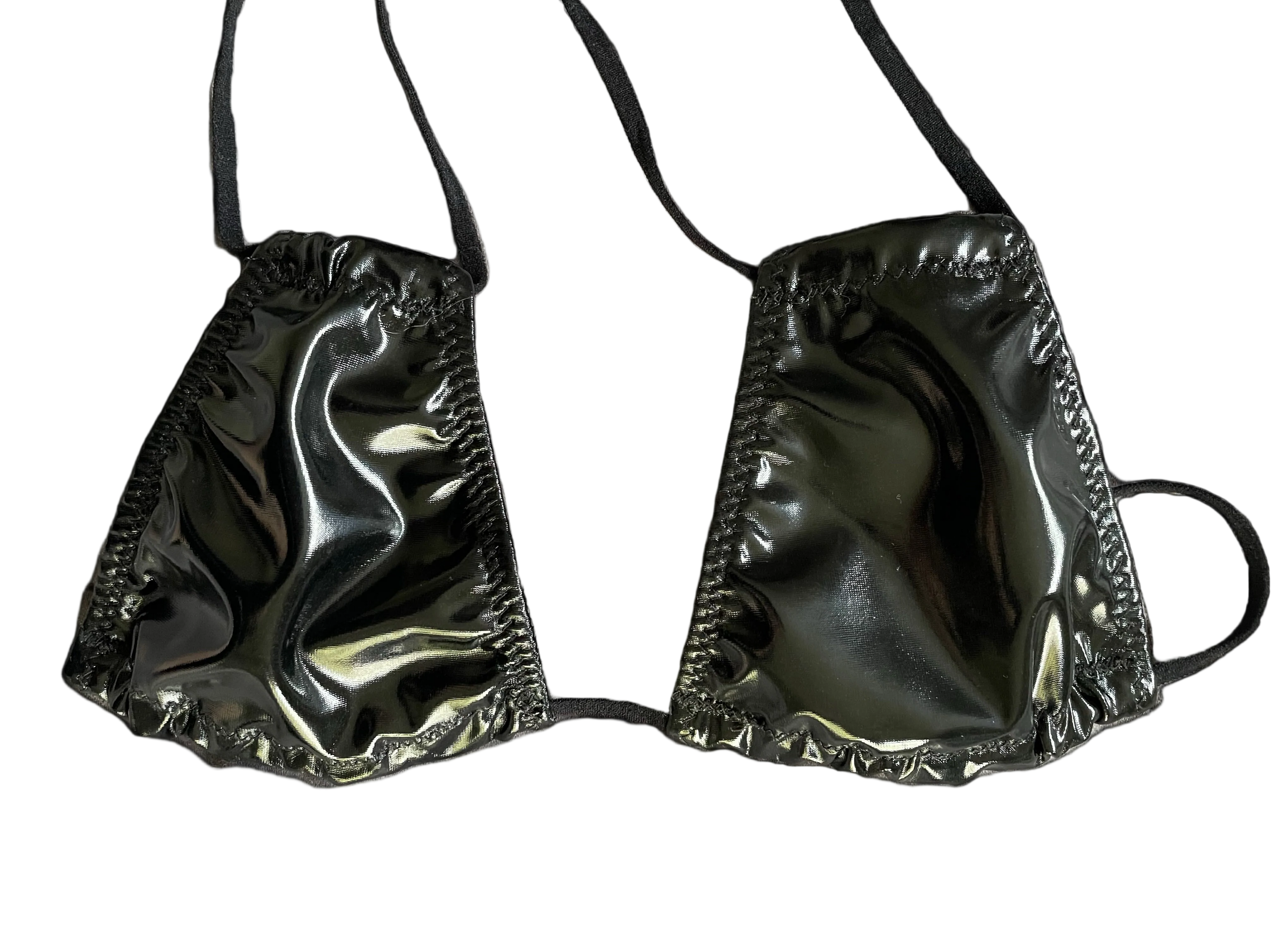 Black wet look bikini top on a white background